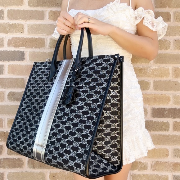 Michael Kors Large MK Logo Jacquard Tote Bag Black Silver Center Stripe - Picture 2 of 2
